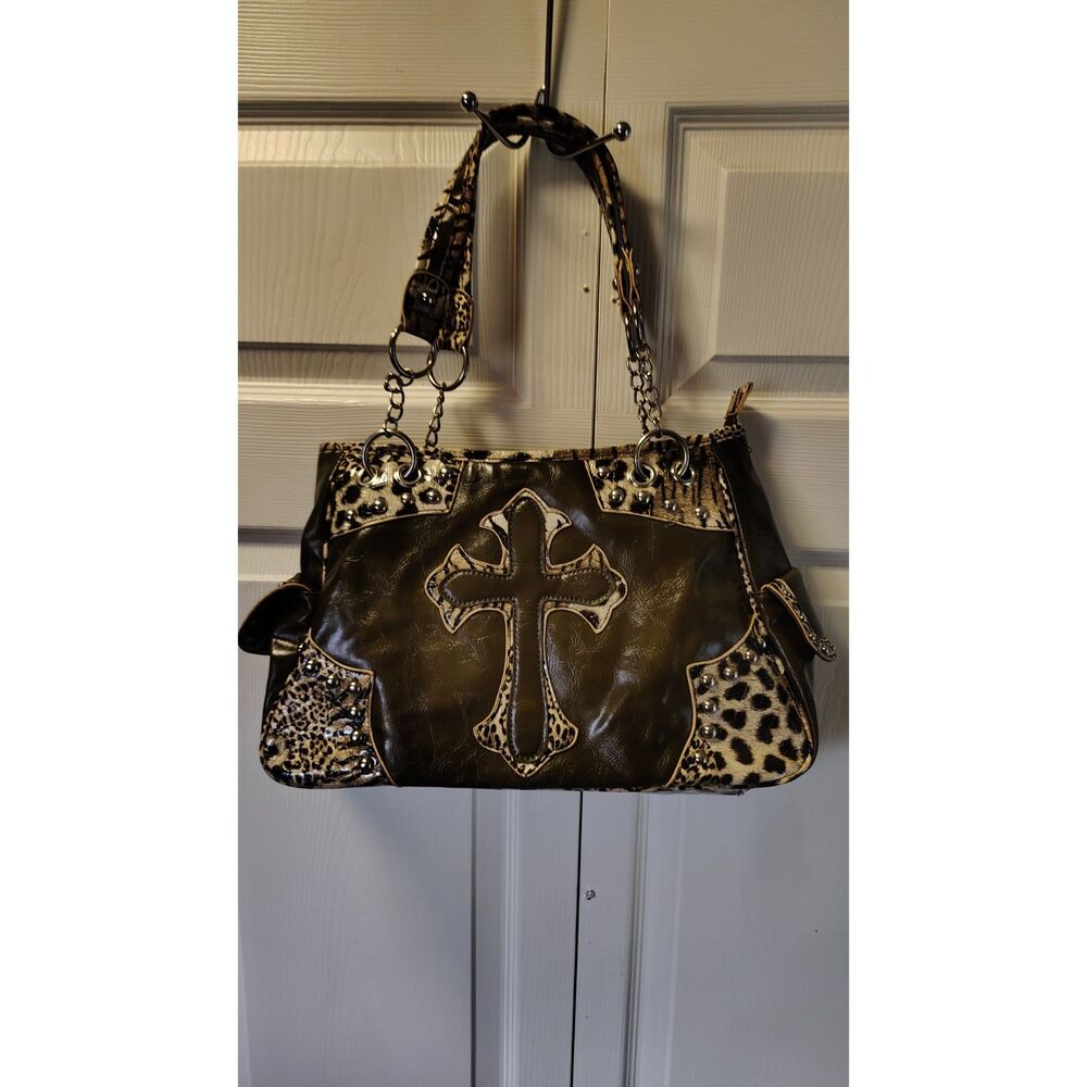 Y2K McBling Cowgirl Shoulder Purse Leather Cross Leopard Studded Vintage